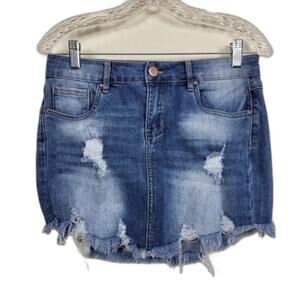 Dollhouse Denim Mini Skirt Womens Size 7 Blue Distressed Raw Hem Stretch Jean